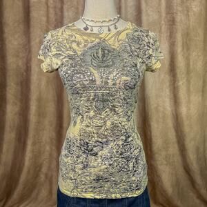 Vintage Y2K Rhinetone Top Rocaille Burnout T-Shirt Cap Sleeve Fitted Punk Indie